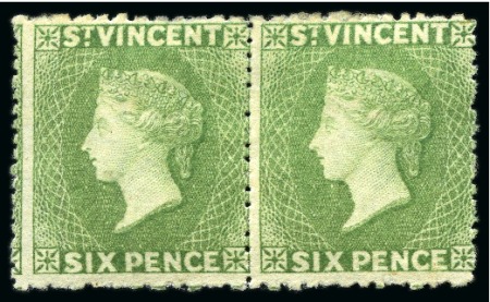 Stamp of St. Vincent 1875-77 6d. pale green, a horizontal pair unused with part original gum