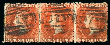 Stamp of St. Vincent 1875-77 1s vermilion, a horizontal strip of three each cancelled "A10" in black
