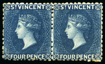 Stamp of St. Vincent ONE OF ONLY THREE MINT PAIRS: 1877 4d. deep blue horizontal pair, unused with part to large part original gum