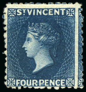 Stamp of St. Vincent 1877 4d. deep blue, fine unused without gum (SG £550)