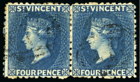 Stamp of St. Vincent 1877 4d. deep blue horizontal pair, both lightly cancelled "A10"
