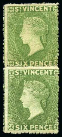 Stamp of St. Vincent 1877-78 6d. pale green, a rejoined vertical pair, the upper stamp with small part original gum