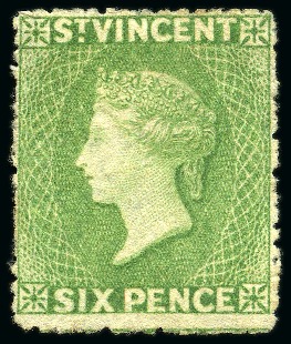 Stamp of St. Vincent 1877-78 6d. light yellow-green, watermark upright, unused without gum
