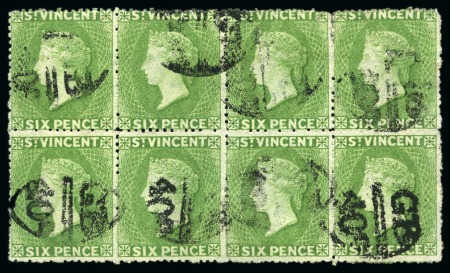 Stamp of St. Vincent LARGEST RECORDED MULTIPLE: 1877-78 6d. light yellow-green, block of eight cancelled by accountancy mkg