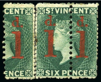 Stamp of St. Vincent 1880 (May) 1d. on half 6d. bright blue-green, unused unsevered pair and left-hand single rejoined at left, unused large part og
