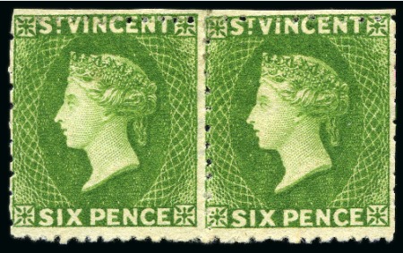 Stamp of St. Vincent 1880 (June) 6d. bright green, a horizontal pair unused with part to large part original gum