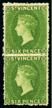 Stamp of St. Vincent 1880 (June) 6d. bright green, a vertical pair unused with part original gum