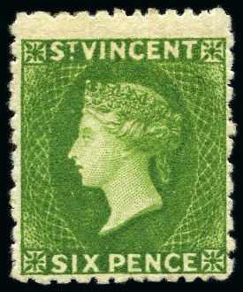 Stamp of St. Vincent 1880 (June) 6d. deep green, fine unused with large part original gum
