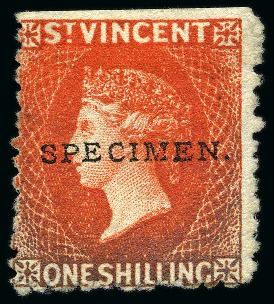 Stamp of St. Vincent THE ONLY RECORDED EXAMPLE: 1880 (June) 1s vermilion, handstamped "SPECIMEN." (16 x 1.75mm.), no gum