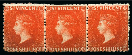 Stamp of St. Vincent LARGEST RECORDED UNUSED MULTIPLE: 1880 (June) 1s vermilion, a horizontal strip of three unused with part to large part original gum