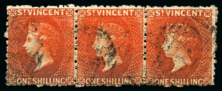Stamp of St. Vincent LARGEST RECORDED USED MULTIPLE: 1880 (June) 1s vermilion, a horizontal strip of three used