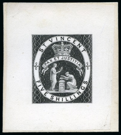 Stamp of St. Vincent 1880 (June) Five Shillings: Complete die proof in black on India paper and backed on card