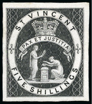 Stamp of St. Vincent 1880 (June) Five Shillings: Complete stamp-size die proof prior to re-cutting over "ive", in black on card