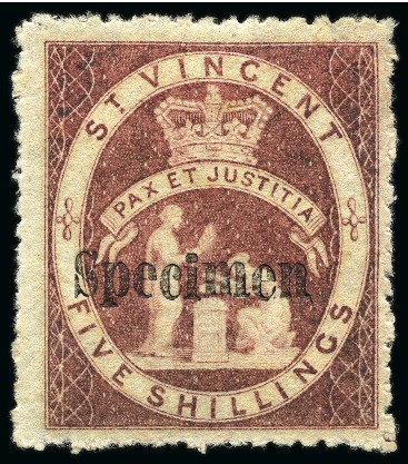 Stamp of St. Vincent 1880 (June) Five Shillings: Specimen Rose-red with large part original gum, overprinted "Specimen" (Type SV1)