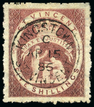 Stamp of St. Vincent ONLY FIVE DATED EXAMPLES RECORDED: 1880 (June) Five Shillings: Rose-red, neatly cancelled by superb central St. Vincent c.d.s.