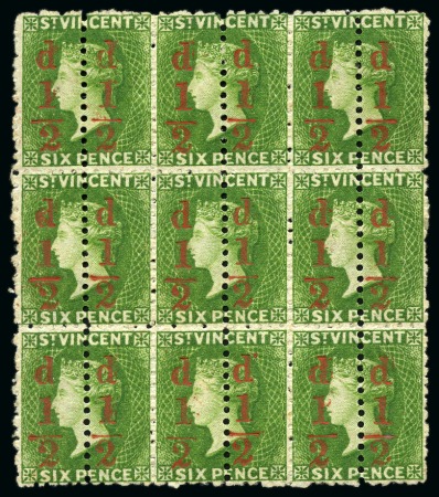 Stamp of St. Vincent LARGEST RECORDED MULTIPLE: 1881 (Sept.) 1/2d. on 6d. in unused block of nine unsevered pairs, unused with part to large part original gum