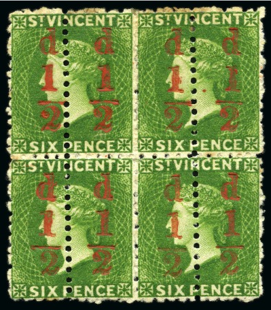 Stamp of St. Vincent 1881 (Sept.) 1/2d. on 6d. in unused block of four unsevered pairs, unused with part to large part original gum