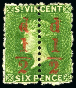 Stamp of St. Vincent 1881 (Sept.) 1/2d. on 6d. unsevered pair, fine unused with large part original gum
