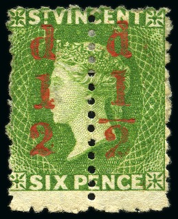 Stamp of St. Vincent 1881 (Sept.) 1/2d. on 6d. unsevered pair, the left stamp with fraction bar omitted, fine unused with part original gum
