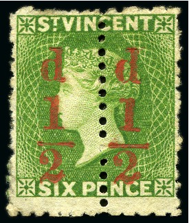 Stamp of St. Vincent 1881 (Sept.) 1/2d. on 6d. unsevered pair, fine unused with part original gum