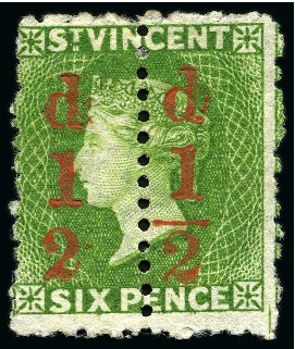 Stamp of St. Vincent 1881 (Sept.) 1/2d. on 6d. unsevered pair, the left stamp with fraction bar omitted, ine unused without gum