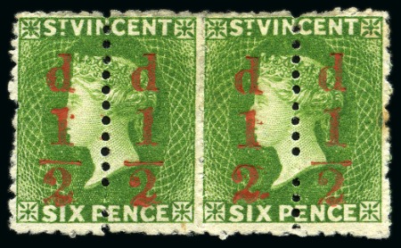 Stamp of St. Vincent 1881 (Sept.) 1/2d. on 6d. horizontal pair comprising two unsevered pairs, the third stamp with fraction bar omitted, large part og