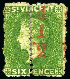Stamp of St. Vincent ONLY THREE EXAMPLES RECORDED: 1881 (Sept.) 1/2d. Surcharge rejoined pair, the left stamp with surcharge omitted