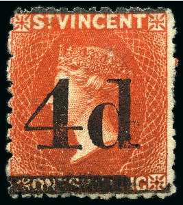 Stamp of St. Vincent 1881 (Nov.) "4d" on 1s bright vermilion First Trial: A single, unused with traces of gum