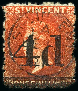 Stamp of St. Vincent 1881 (Nov.) "4d" on 1/- bright vermilion First Trial: A single, neatly cancelled by St. Vincent c.d.s.