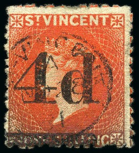 Stamp of St. Vincent 1881 (Nov.) "4d" on 1/- bright vermilion Second Trial cancelled by St. Vincent cds