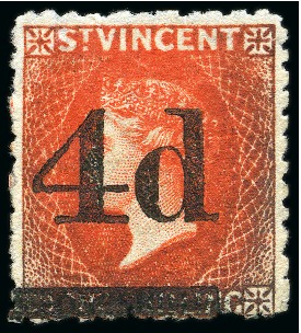 Stamp of St. Vincent 1881 (Nov.) "4d" on 1/- bright vermilion a single, fine unused without gum