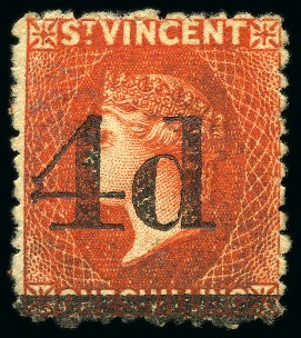 Stamp of St. Vincent 1881 (Nov.) "4d" on 1/- bright vermilion, unused without gum