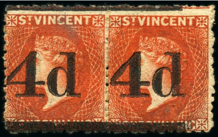 Stamp of St. Vincent 1881 (Nov.) "4d" on 1/- bright vermilion Final Surcharge unused pair with slight traces of gum