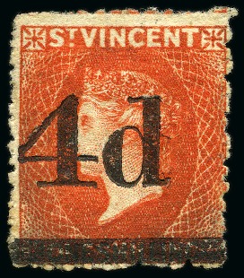 Stamp of St. Vincent 1881 (Nov.) "4d" on 1/- bright vermilion Final Surcharge unused with part original gum