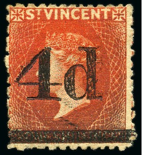 Stamp of St. Vincent 1881 (Nov.) "4d" on 1/- bright vermilion Final Surcharge Setting: A single, unused with part original gum