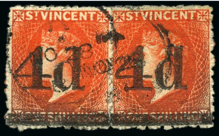 Stamp of St. Vincent 1881 (Nov.) "4d" on 1/- bright vermilion Final Surcharge rejoined used pair