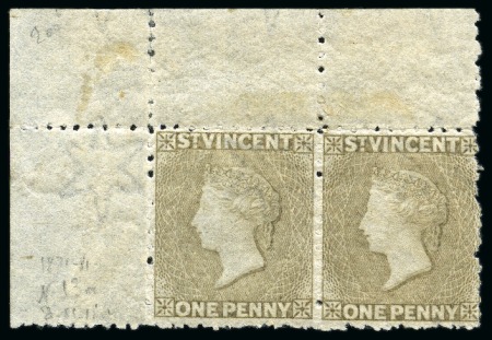 Stamp of St. Vincent 1881 (Dec.) 1d. drab, top left corner sheet marginal pair unused with large part original gum