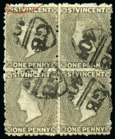 Stamp of St. Vincent 1881 (Dec.) 1d. drab, a block of four each cancelled by accountancy mkgs