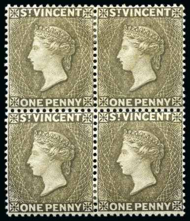 Stamp of St. Vincent 1882-83 1d. drab, block of four, unused with large part original gum, showing reversed wmk