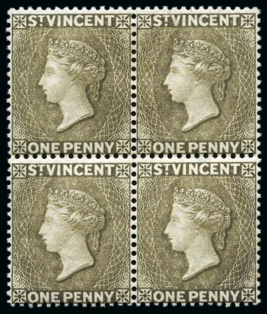 Stamp of St. Vincent 1882-83 1d. drab, block of four, unused with large part original gum, showing reversed wmk
