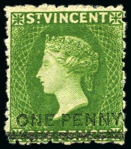 Stamp of St. Vincent 1881 (Nov.) "ONE PENNY" on 6d. bright green, single, unused with small part original gum