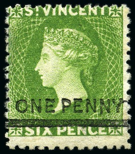 Stamp of St. Vincent 1881 (Nov.) "ONE PENNY" on 6d. bright green, single, unused with small part original gum