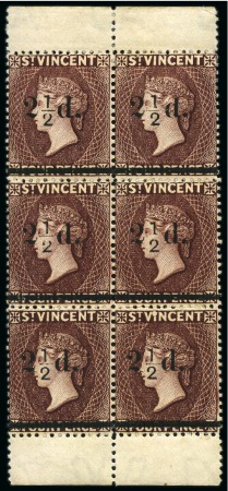 Stamp of St. Vincent 1890 2 1/2d. on 4d. chocolate, unused block of six with margins at top and at foot, one with variety no fraction bar