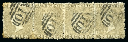 Stamp of St. Vincent 1881 (Dec.) 1d. drab, a horizontal strip of four, each cancelled "A10"