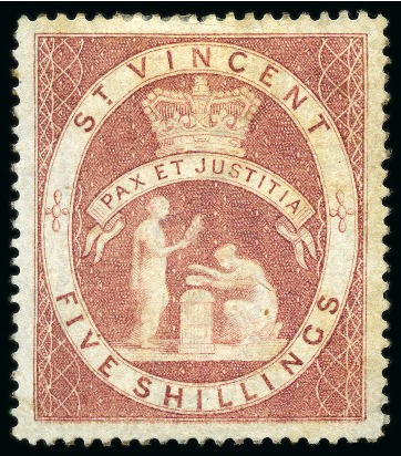 Stamp of St. Vincent 1885-93 Colour Trials 5s pale rose, perf 14, large part original gum