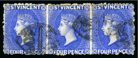 Stamp of St. Vincent 1881 (Dec.) 4d. bright blue, horizontal strip of three cancelled by accountancy mkgs