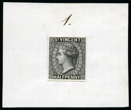 Stamp of St. Vincent 1882 Die Proof 1/2d. in black, position 53, cut down and affixed to piece of paper labelled "1"