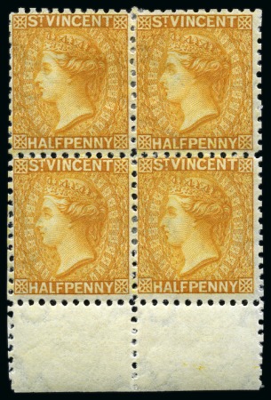 Stamp of St. Vincent 1882 Colour Trials 1/2d. orange, perf. 12, a block of four with watermark reversed,part to large part original gum