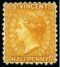 Stamp of St. Vincent 1882 Colour Trials 1/2d. orange, perf. 12, watermark reversed, small part original gum