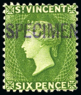Stamp of St. Vincent 1882 Specimens Type SV2: 1883-84 CA perf 12 6d. bright green and 1/- orange-vermilion, both handstamped "SPECIMEN", both without gum